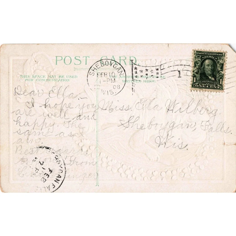 Antique 1908 Valentine Postcard Cherub Gold Embossed Heart Sheboygan WI Stamp